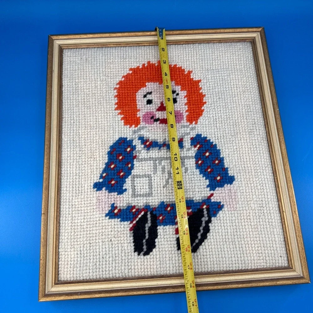 VTG Large Raggedy Ann Needlepoint Framed Wall Art Handmade 1970s Nursery Decor